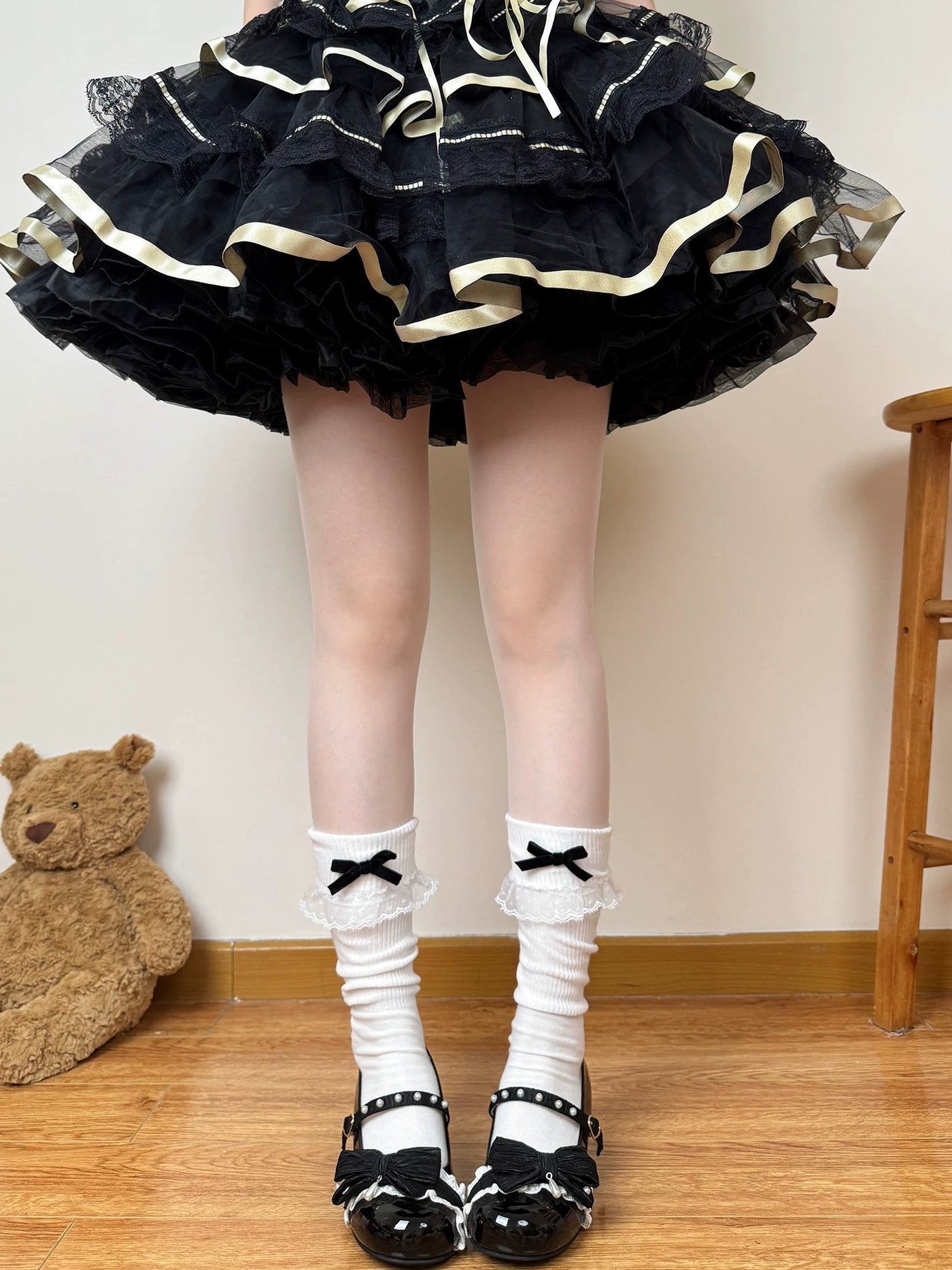 Chubby Bear Tales - Cream Ballet - Mid-Calf Slouch Socks with Lace Ruffle Cuffs and Bow Trim