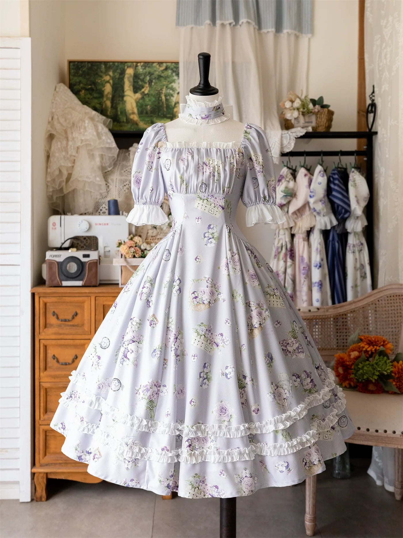Forest Basket - Classic Lolita OP Dress Floral Print S Blue Corydalis