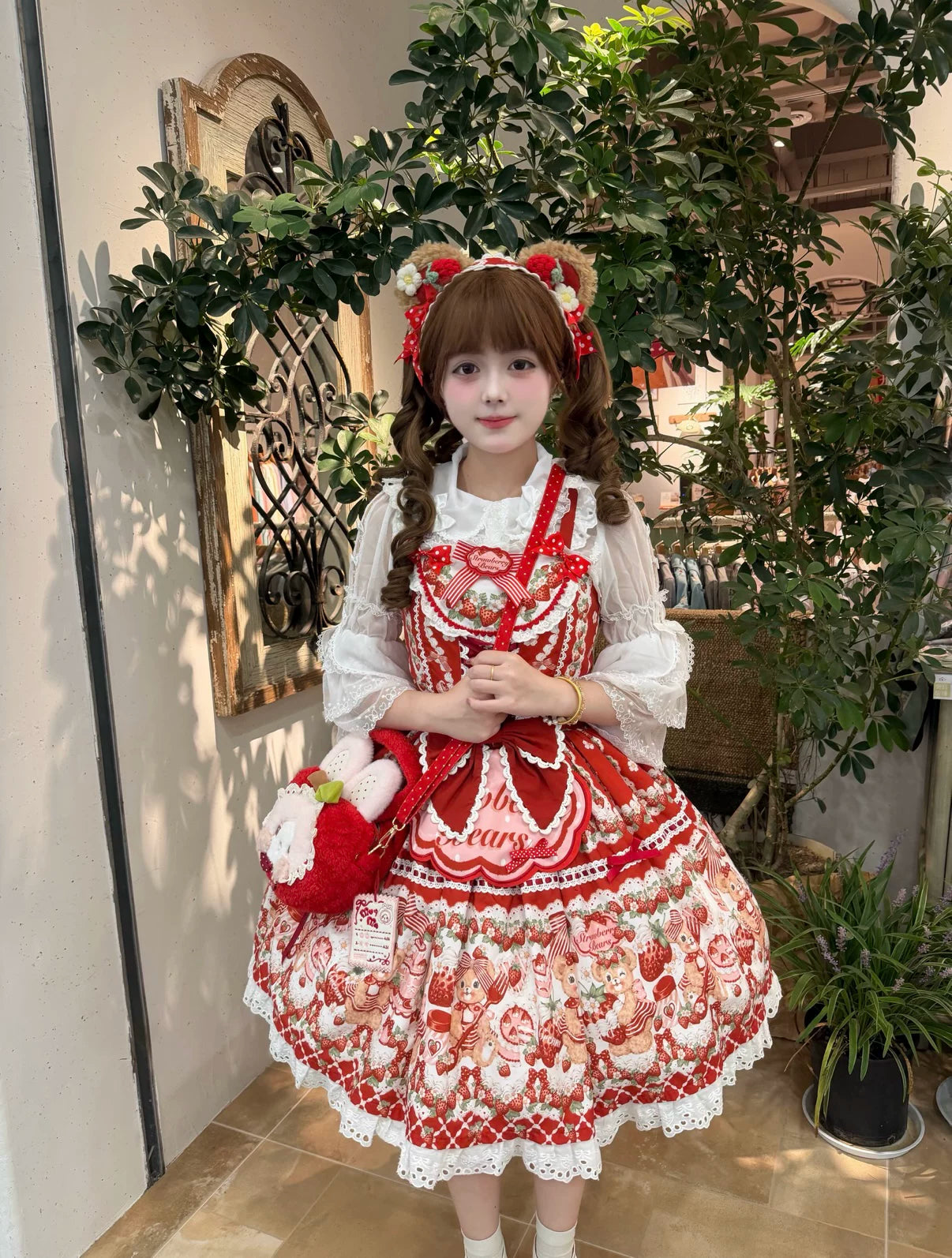 Strawberry-and-bear motif Lolita JSK dresses in red, pink, and white styling