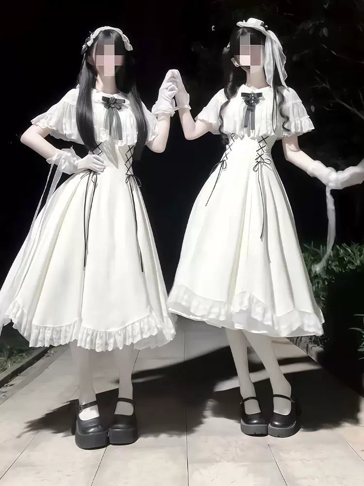Creamy - CLA Twin - White OP Lolita dress with black lace-up details
