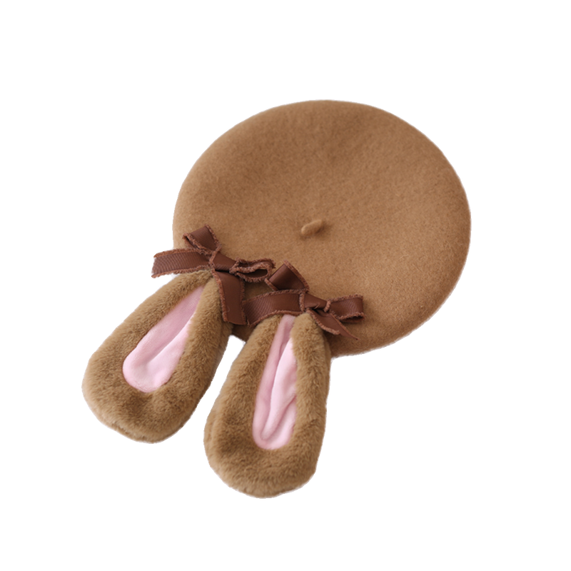 Xiaogui - Winter Lolita Beret Rabbit Ear Hat - Bow Beret Headwear