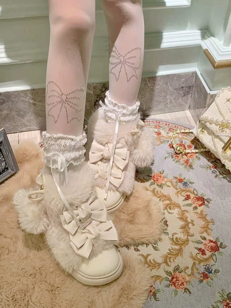pinkyo Beige Bow Faux-Shearling Winter Ankle Boots — additional product view