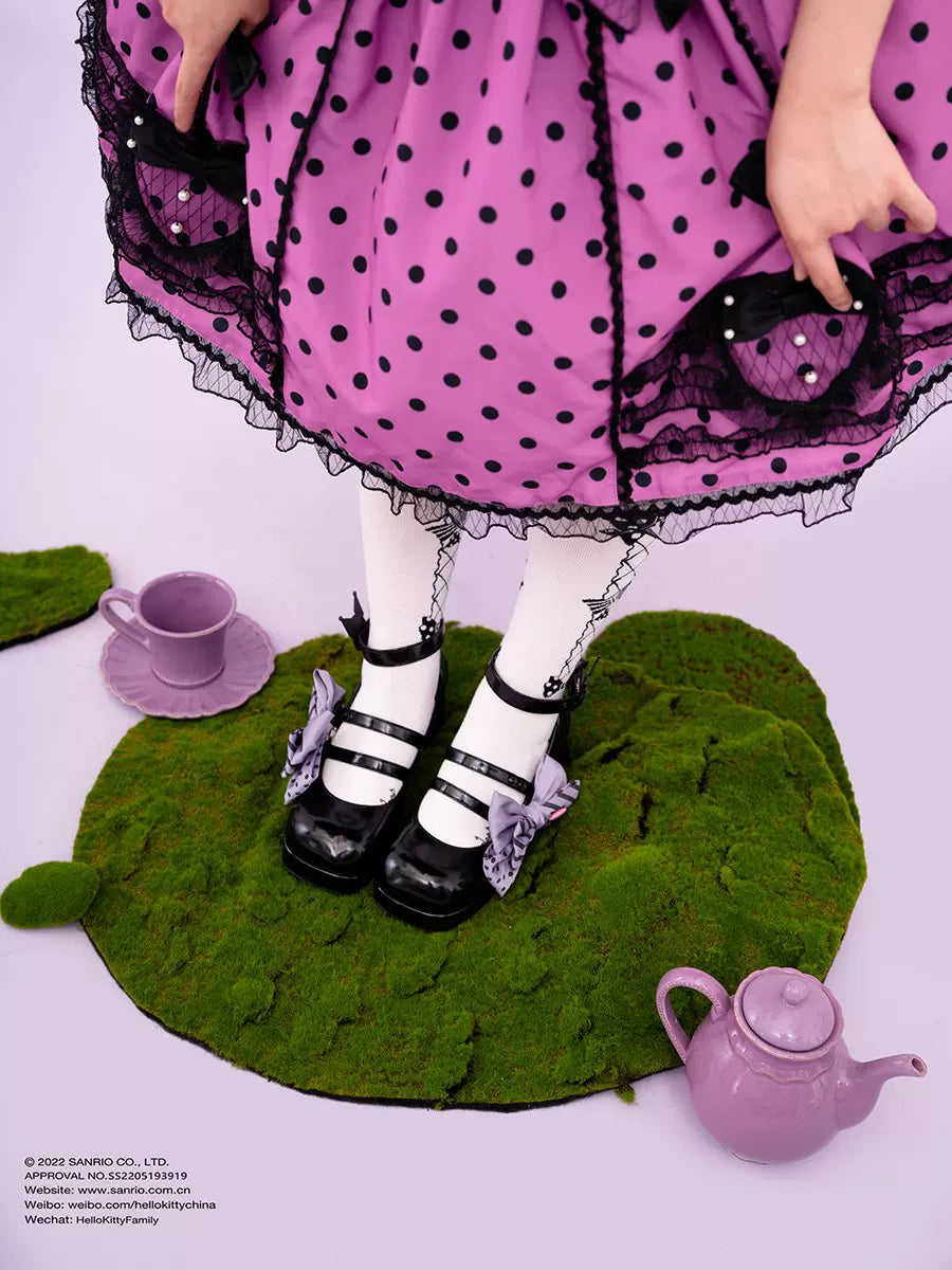 Sheep Puff Kuromi Sanrio collab Lolita shoes featuring black and pink designs with cute character details.