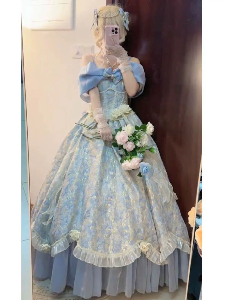 Tiered ruffled blue Lolita skirt with floral detailing