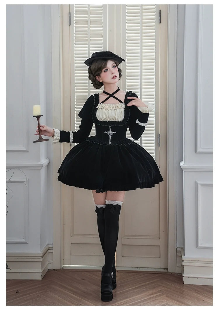 With PUJI - Apocalypse - Gothic Lolita Velvet OP Dress Set, Fishbone Waist