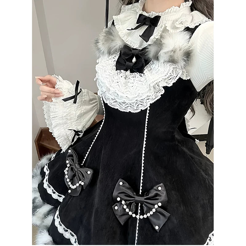 Creamy - Monochrome Ribbon - Black Three-Piece JSK Set with White Lace Trim