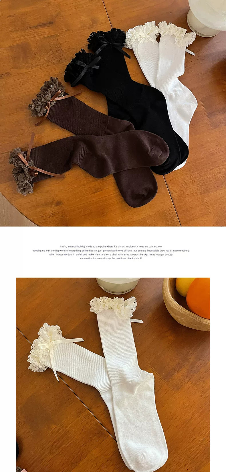 Sock Noble - Ruffle Bow - Scrunched Mid-Calf Socks with Ruffled Lace Cuffs