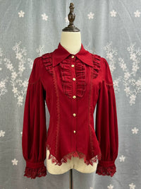 DMFS Lolita - Night Banquet - Pointed Collar Classic Lolita Shirt, Long Sleeve - Burgundy / S