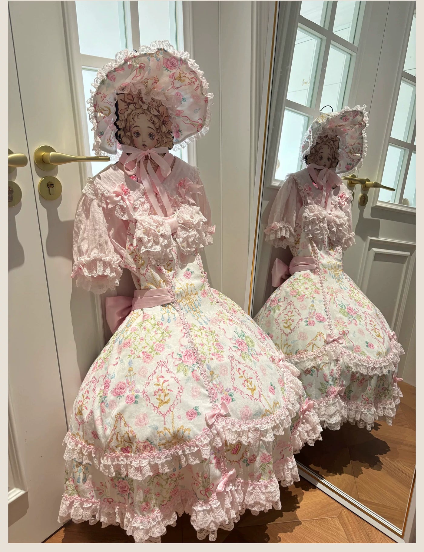 Tata Long Ear - Spring 2025 Floral Wall - Floral Print JSK Dress with Layered Lace Ruffles