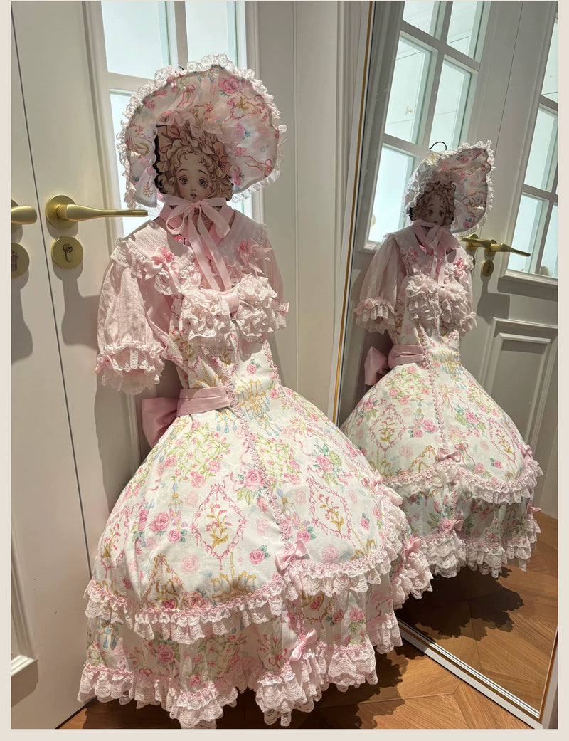 Tata Long Ear - Spring 2025 Floral Wall - Floral Print JSK Dress with Layered Lace Ruffles