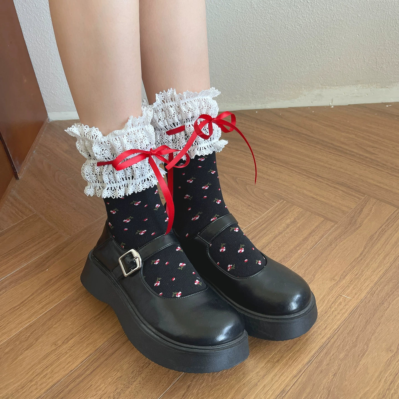 Sock Noble - French Garden - Mid-calf socks with lace cuffs and ribbon ties