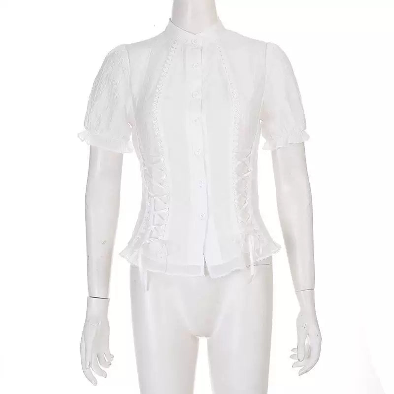 Side view of white high-neck Lolita blouse showing corset-style side lacing