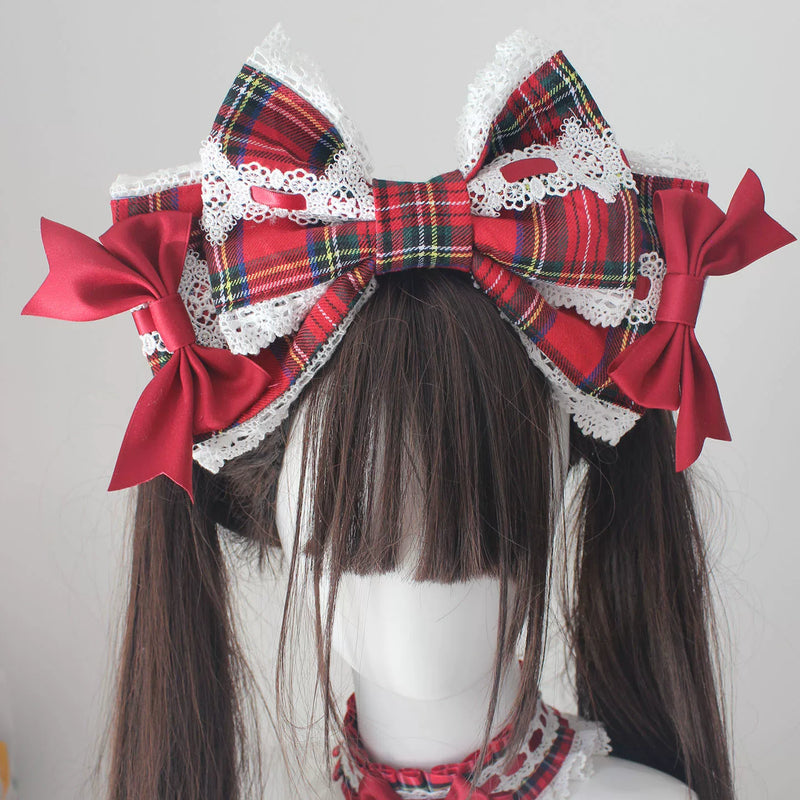Laura's Doll Red Plaid Lolita Bonnet & Headbow Options — Headband / Headbow (KC)