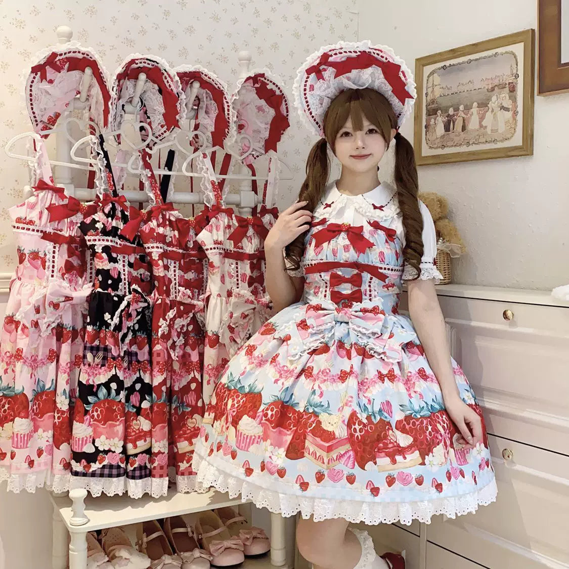 Lady Han Sweet Berry Love JSK dress from Lolita Fetch featuring a vibrant floral print and elegant, feminine design.