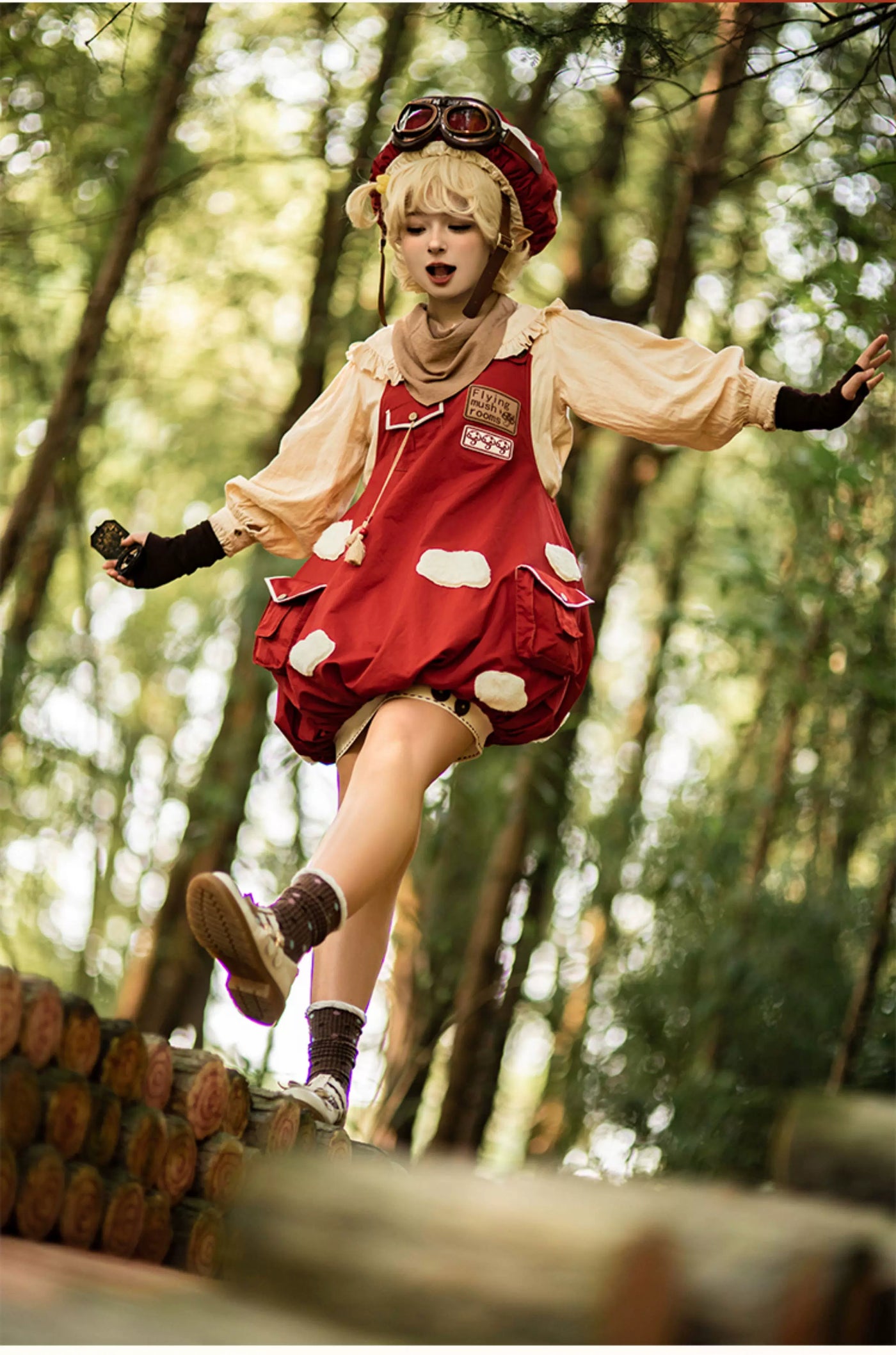 Baozi Pig - Flying Mushroom - Red JSK with white appliqué patches