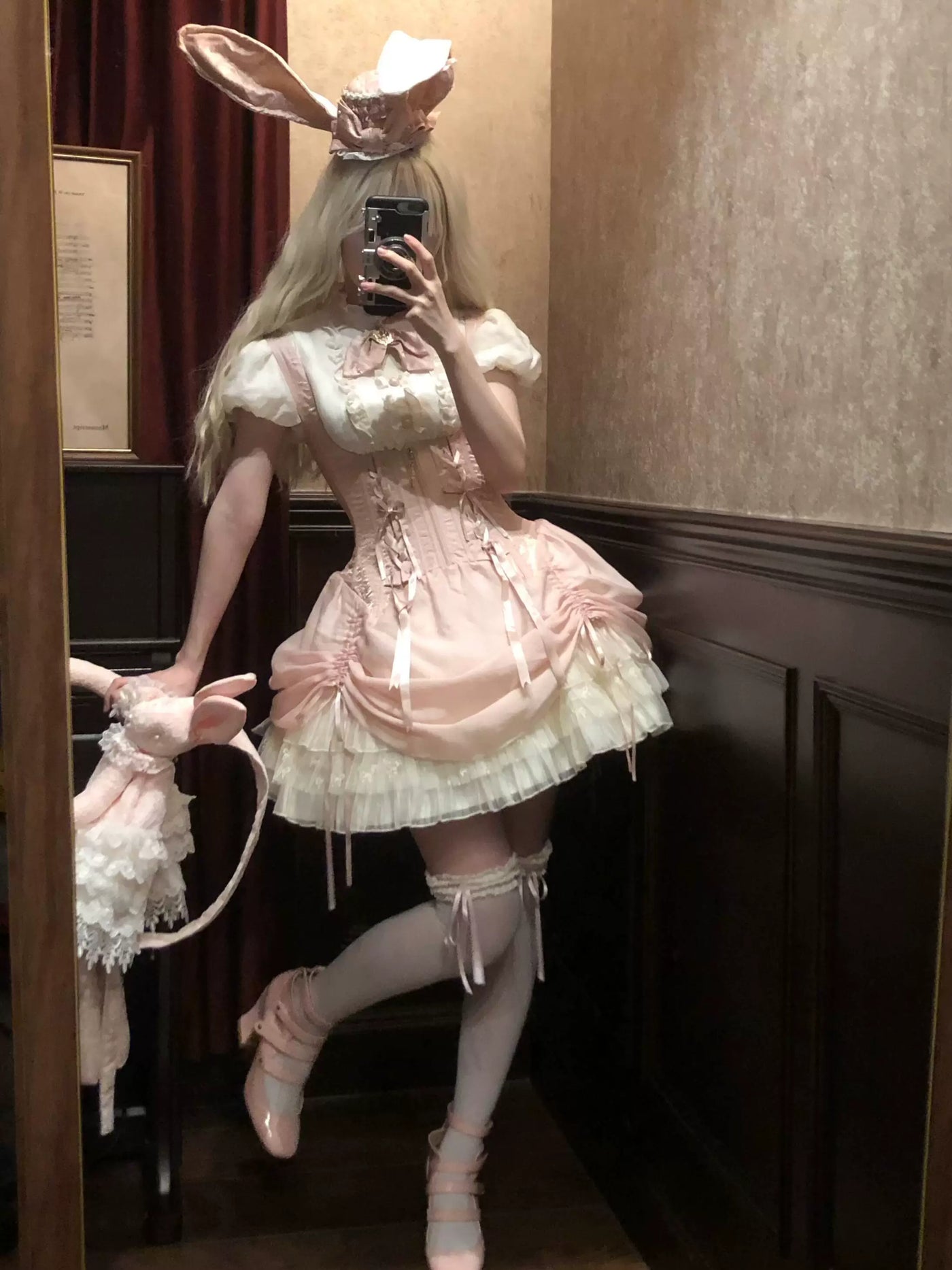 Creamy - Pink Rabbit - Pink Gothic JSK dress set with rabbit-ear hat