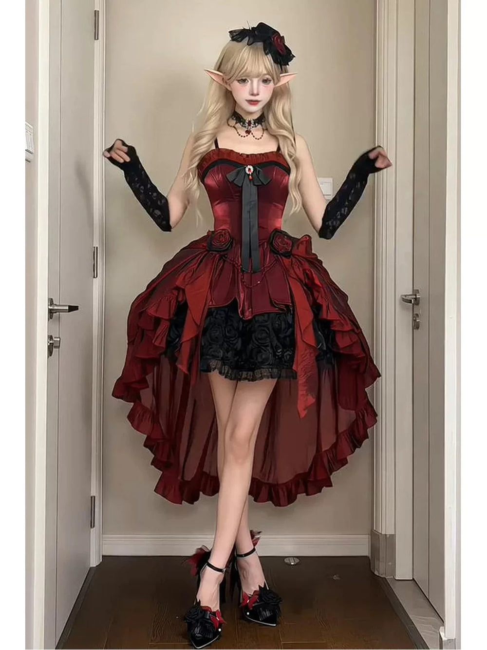 Red and black JSK with rose accents, layered ruffles and a large train