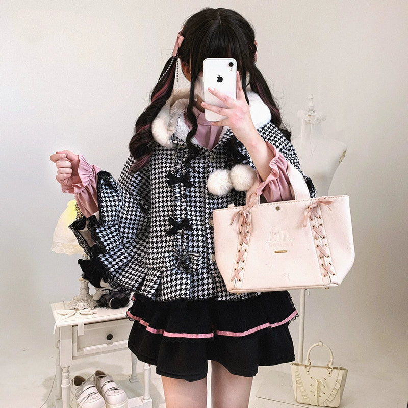KittyBxllet Pompom Sweetheart Houndstooth Hooded Cape — additional product view