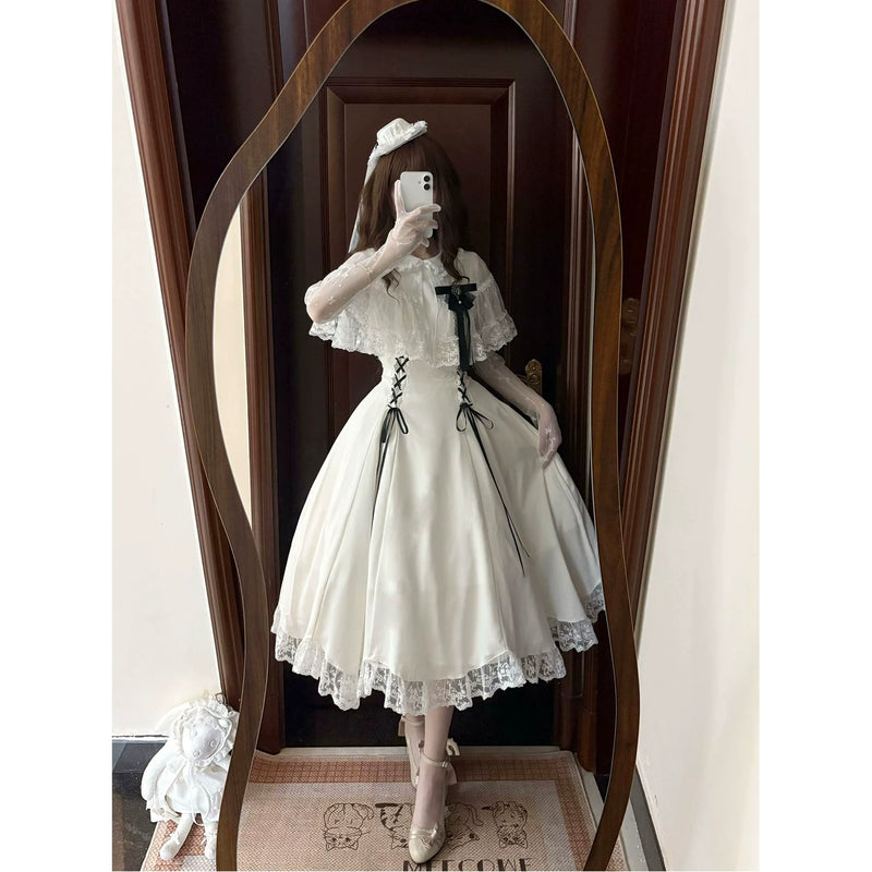 Creamy - White Classic - Waist-Cinched One-Piece Dress with Lace Trim