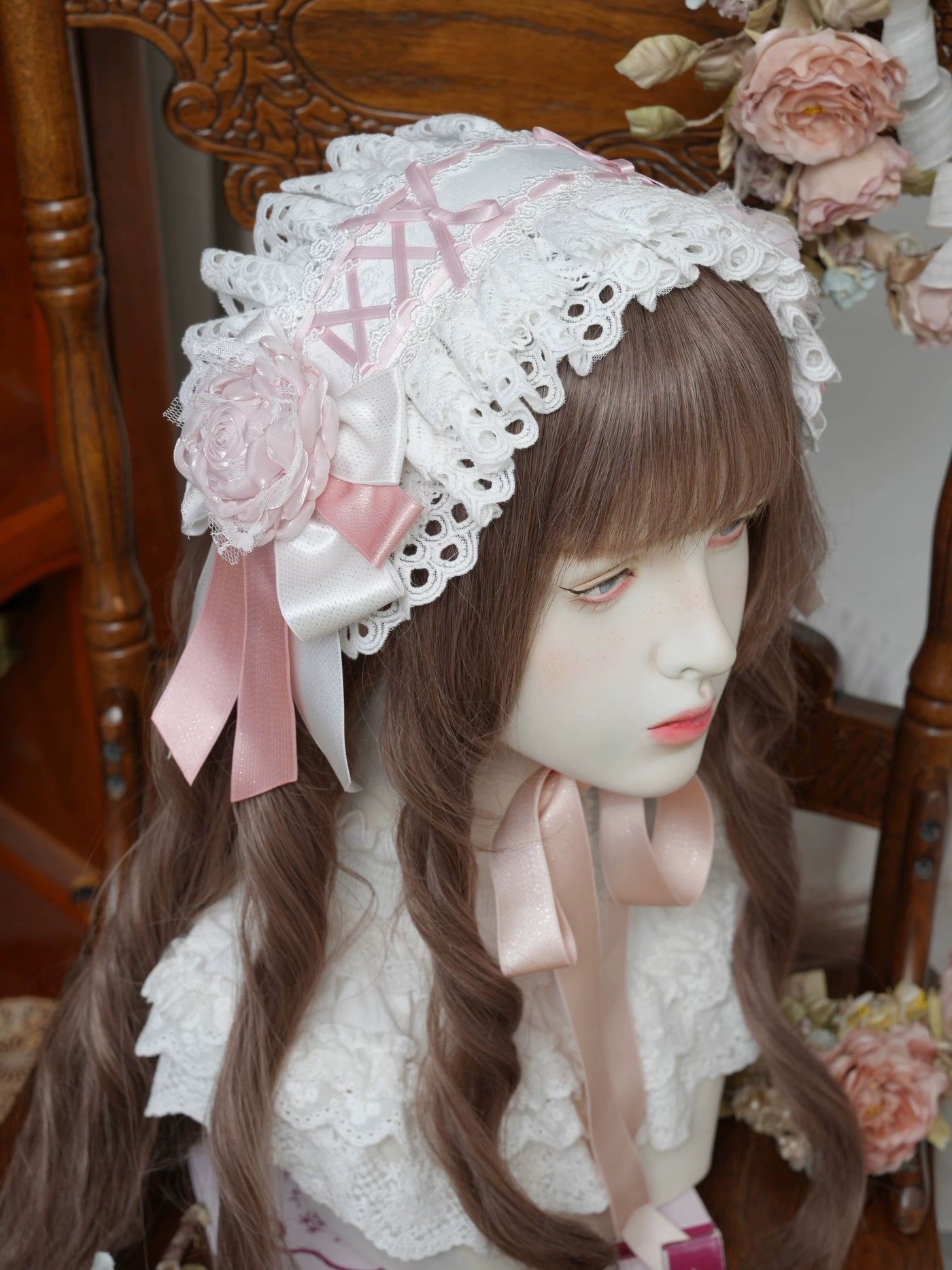 Star Box - Morning Dew Story - White Headwear with a Pink Rose Accent