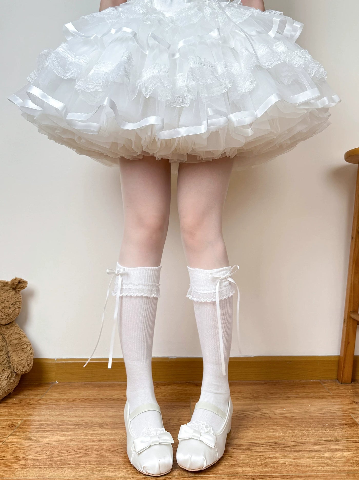 Chubby Bear Tales - Cream Ballet - Thin Scrunch Socks with Ribbon Bows