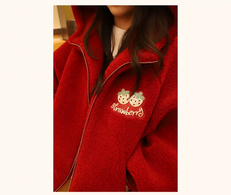 Baozi Pig - Strawberry Head - Plush Hooded Jacket with Strawberry Embroidery
