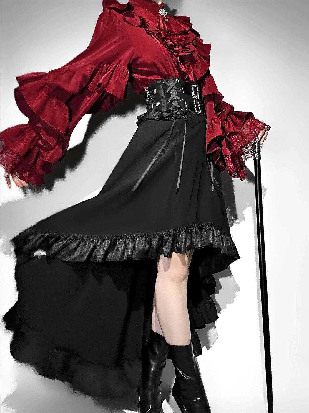 Creamy - Burgundy Noir - Long-Sleeve Blouse, Skirt and Bib Set with Ruffled Trim