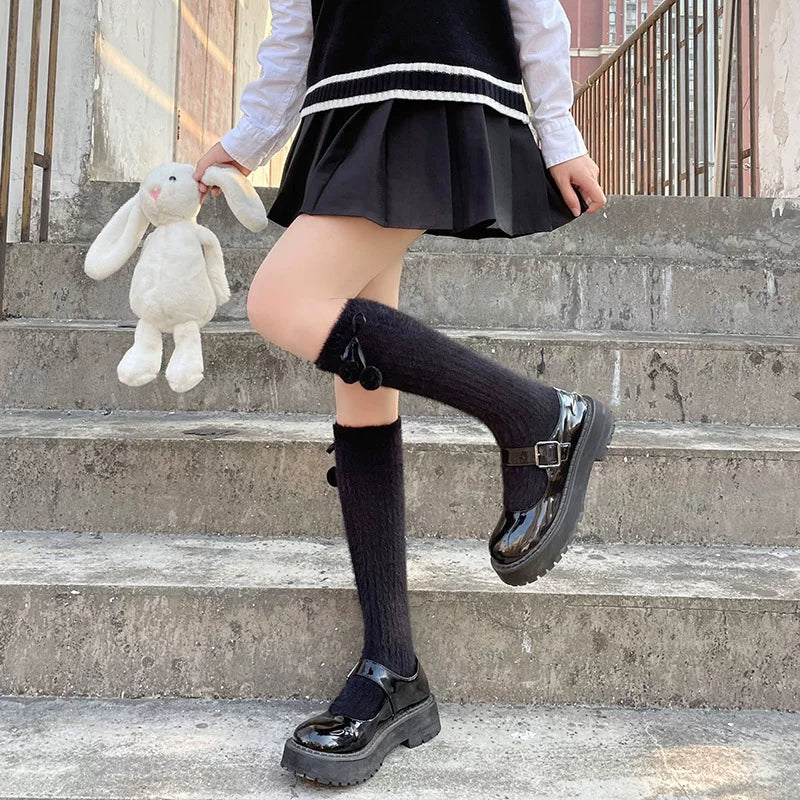 Floral Milk Cat - Pom-Pom Rib - Plush socks with pom-pom cuffs