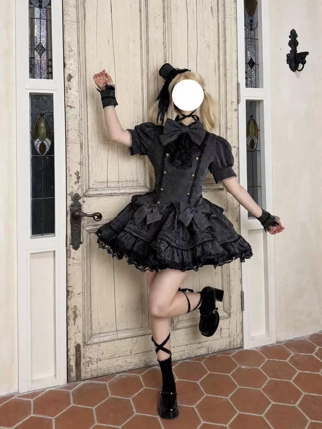 Sweetheart Dream Machine - Phantom Doll Stripe - Gothic Lolita Set with Short-Sleeve Pinstripe Top