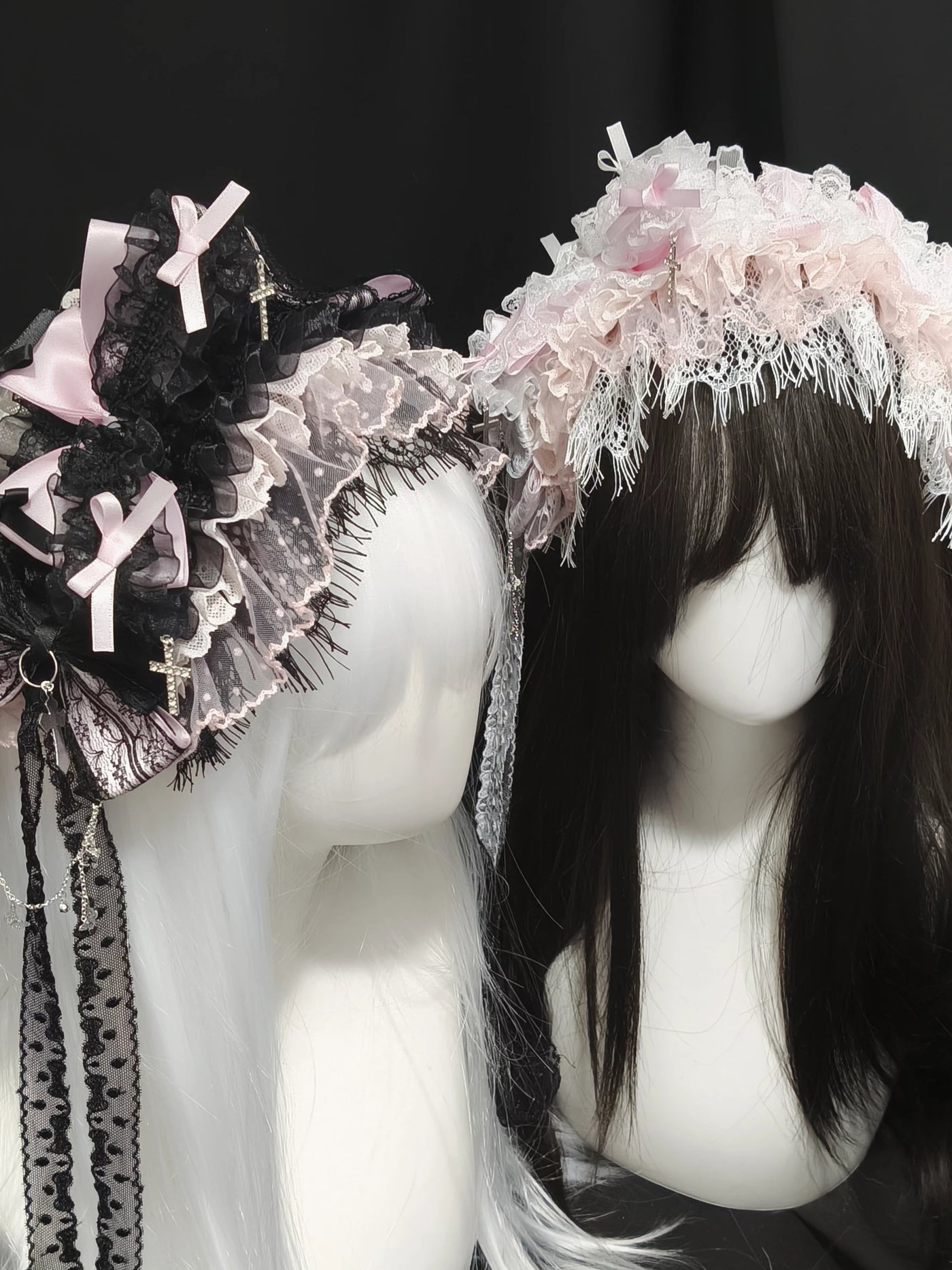 Dokisuru - Cross Lace - Heavily Embellished Lace Hairband with Bows and Cross Accents