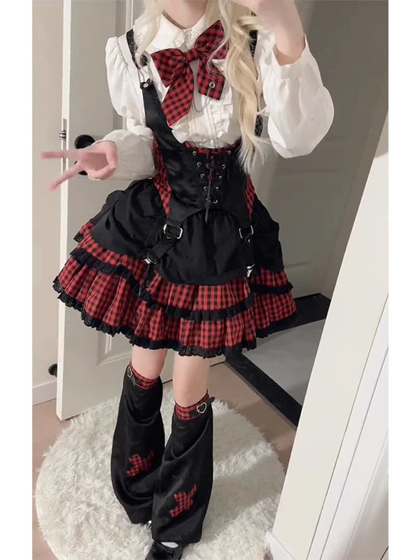 Black-and-red Lolita outfit set with a white shirt, vest, plaid tiered skirt and leg covers