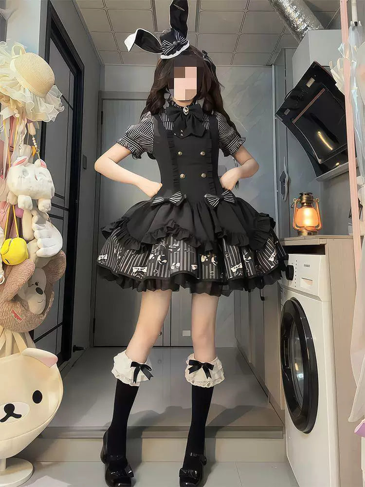 Sweetheart Dream Machine - Noir Stripe - JSK with a waist-cinching suspender skirt