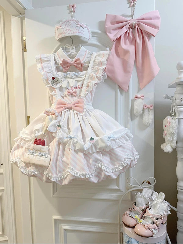 Creamy - Pink Stripe Princess - Lolita Dress Set with Ruffled Apron