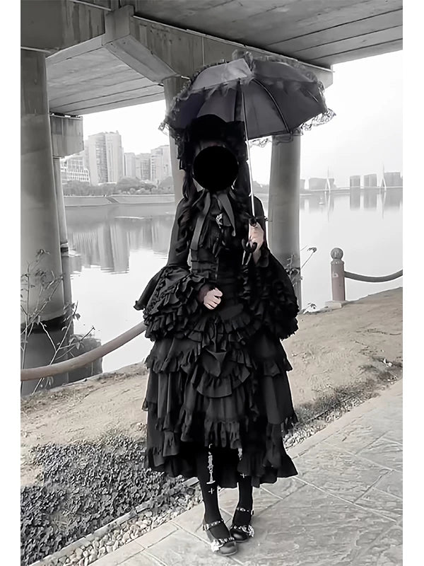 Creamy - Gothic Ruffle Set - Black Princess-Sleeve Blouse and Skirt Set with Layered Ruffles