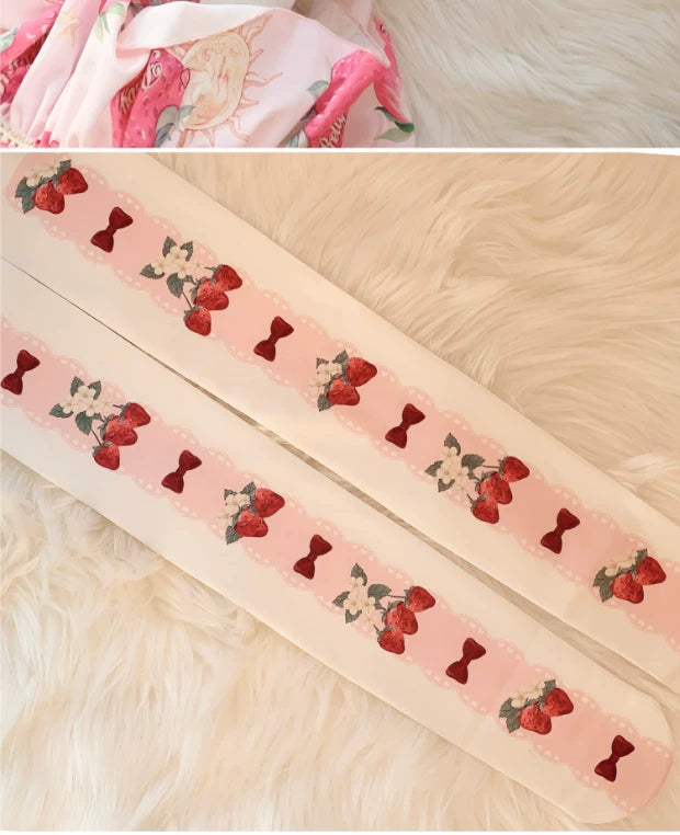 roji roji - Strawberry Ribbon - 120D Printed Tights with Strawberry and Bow Motifs