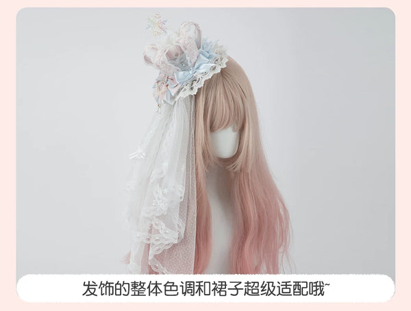 Her Vintage Society pastel pink and blue crown headwear with lace veil on a mannequin