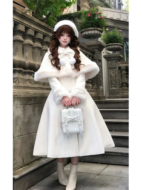 Creamy - Winter French Heiress - White Lolita Coat with Bow Cape