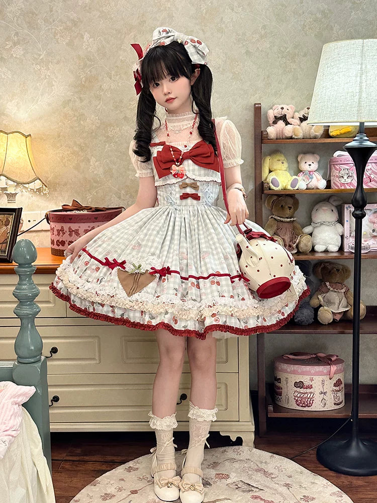 Baozi Pig - Chengnan Cherry Shop - Gingham JSK dress with cherry motifs