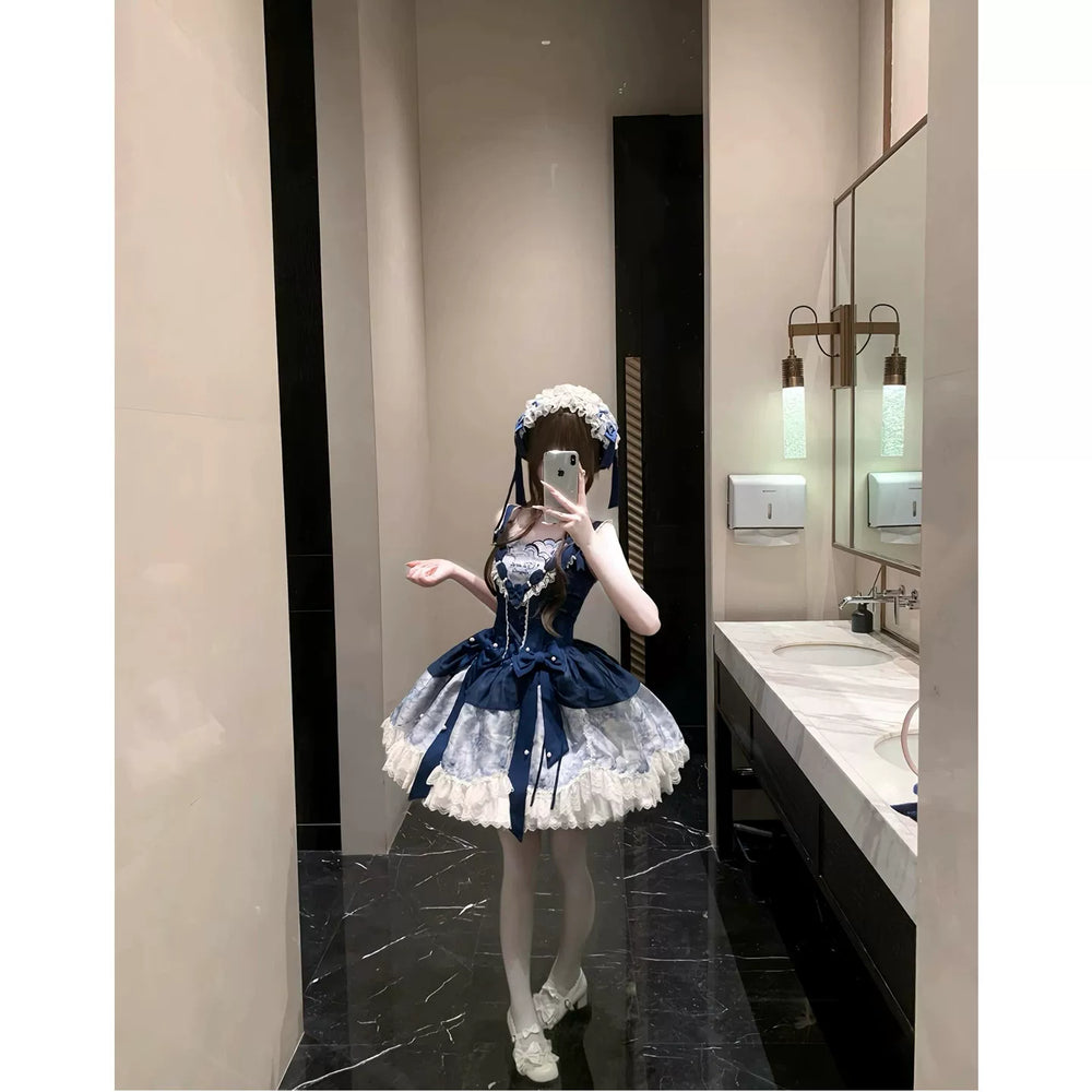 Blue OP dress with white and pale-blue contrast panels, bows and layered lace trim