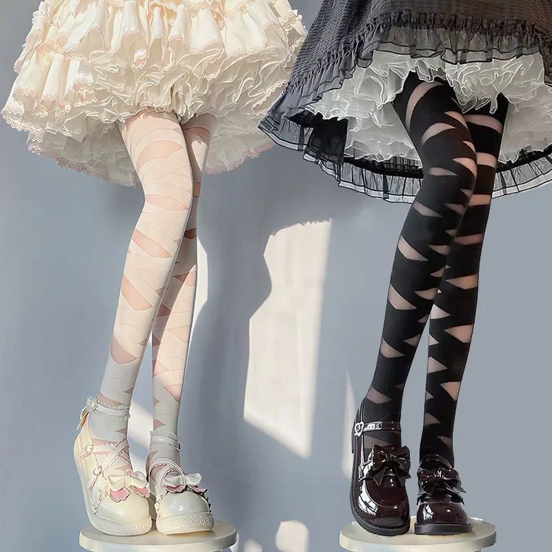 Fantasy Doll - Bandage Stripe - Thigh-high stockings with crisscross cutout bands