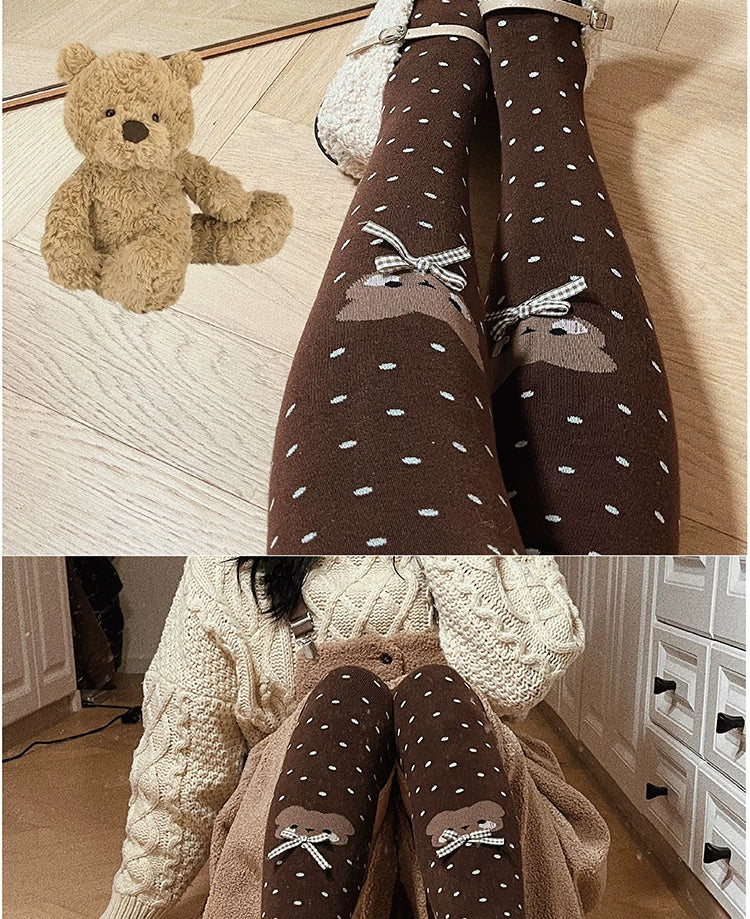 roji roji - Bear Polka Dot - Bear-Motif Over-the-Knee Socks