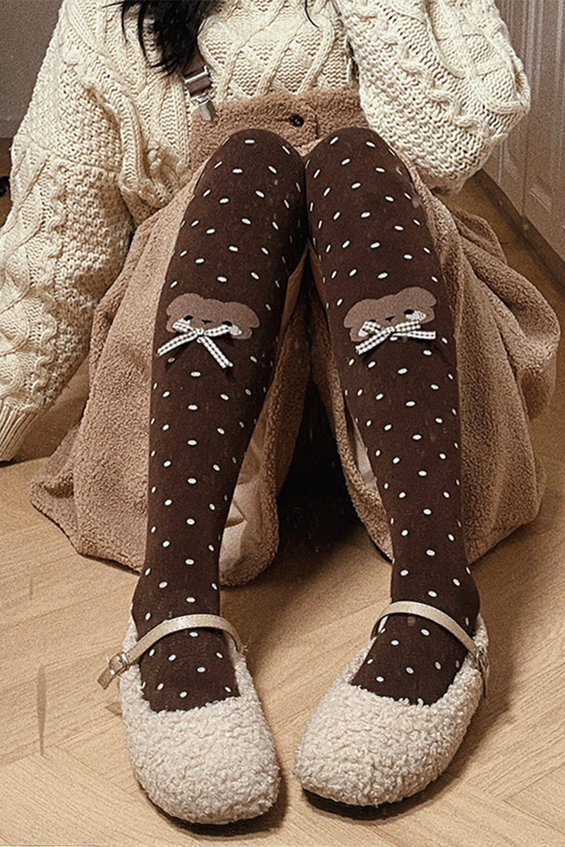 Roji Roji - Bear Dots Bow Cotton Lolita Thigh - Stockings Socks