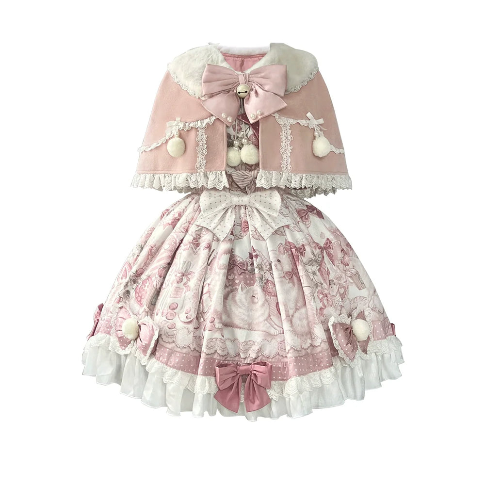 Pink-and-white Lolita JSK dress with cat print, strawberry details and matching collar cape