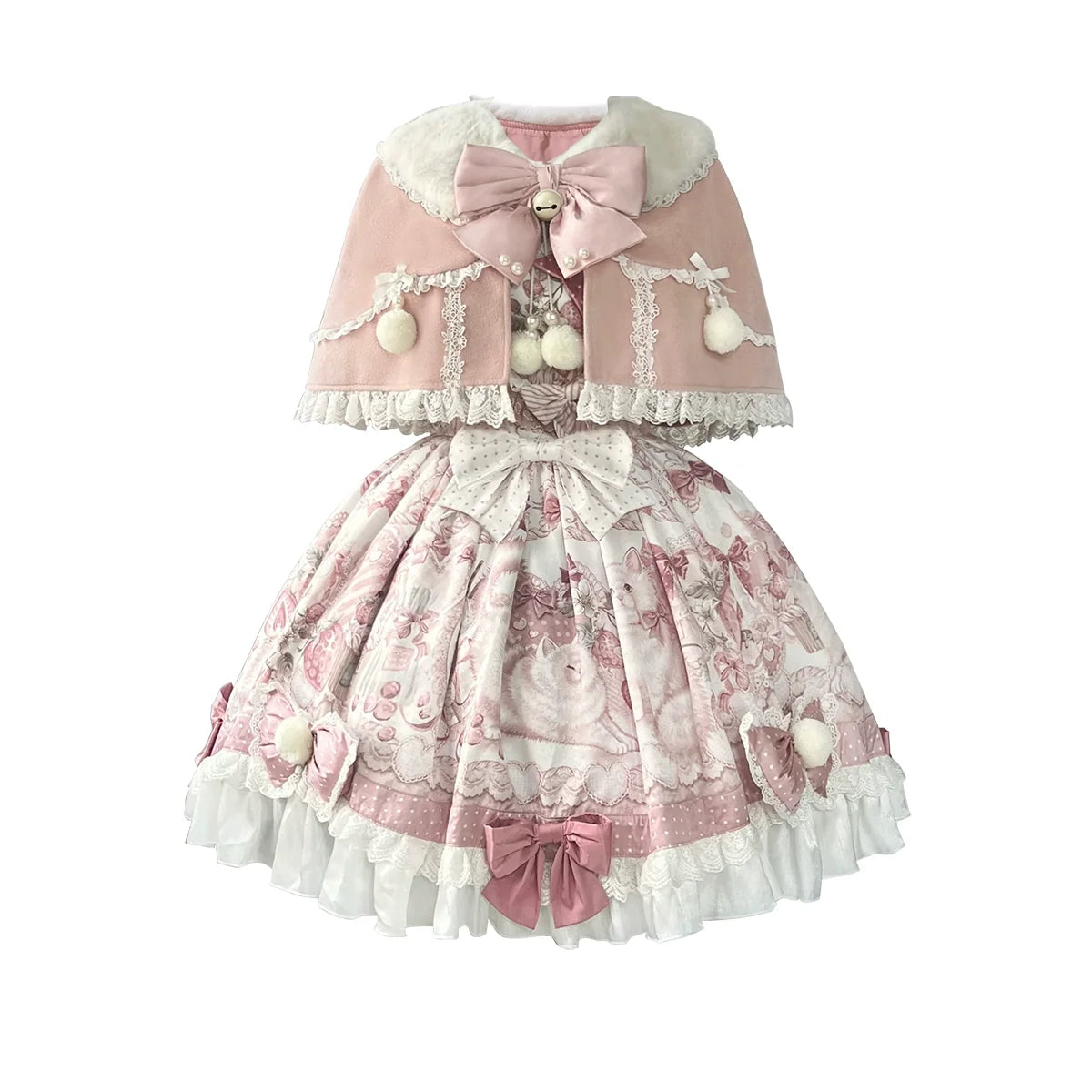 Pink-and-white Lolita JSK dress with cat print, strawberry details and matching collar cape