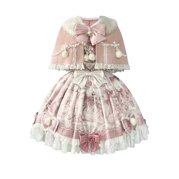 Pink-and-white Lolita JSK dress with cat print, strawberry details and matching collar cape