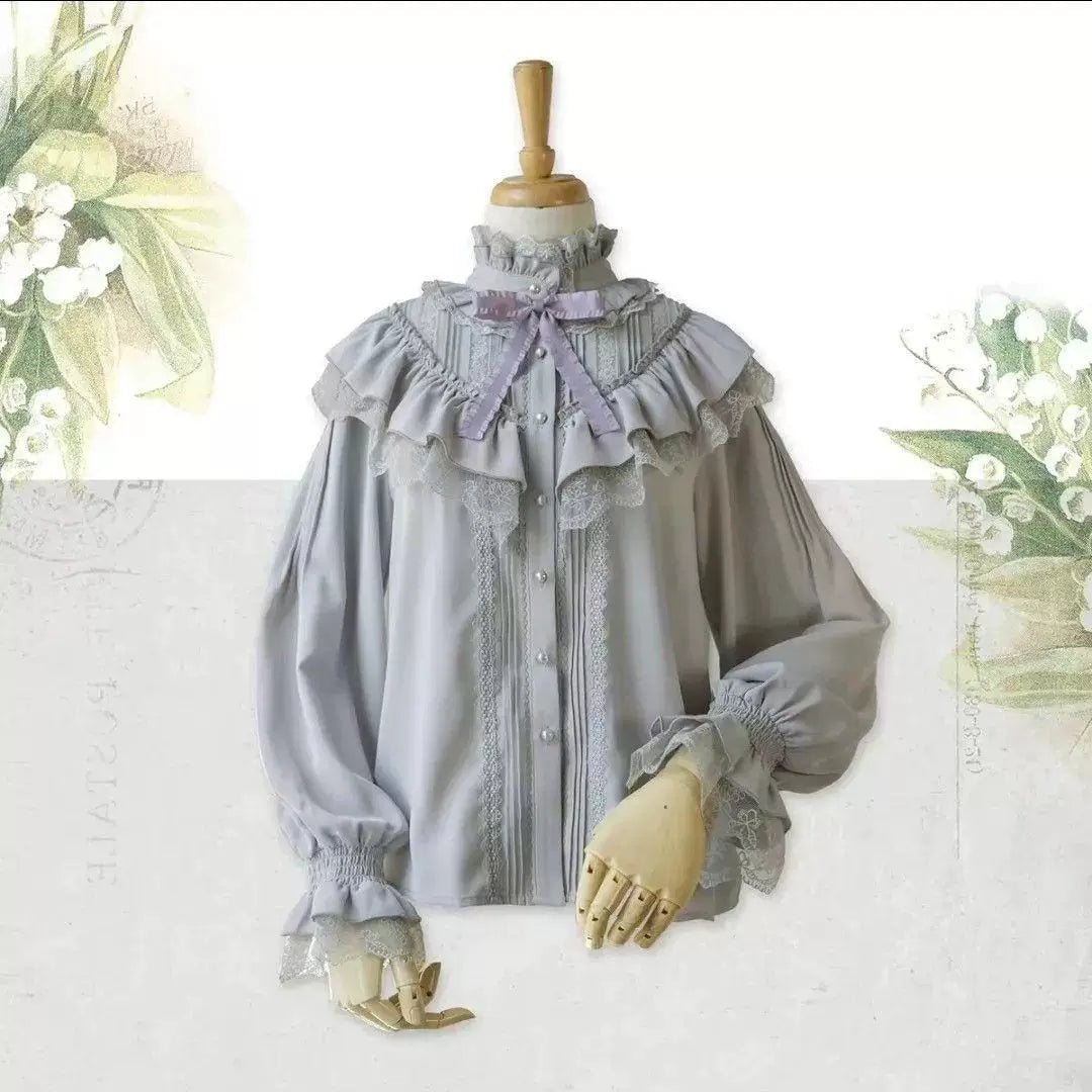 Sweetheart Dream Machine - Surface Spell - High-Neck Chiffon Blouse with Lace Ruffles