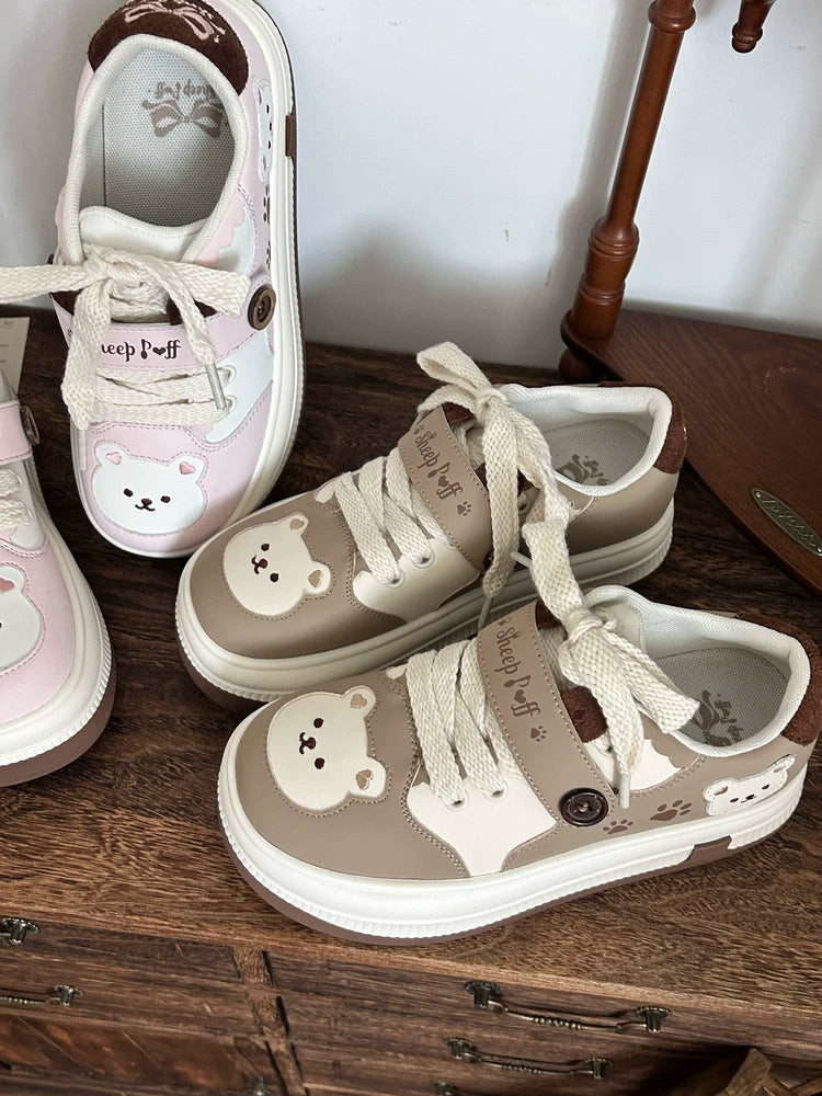 Sheep Puff Bear Runner Lolita sneakers, white shoes with playful sheep and bear design, casual comfortable footwear for women