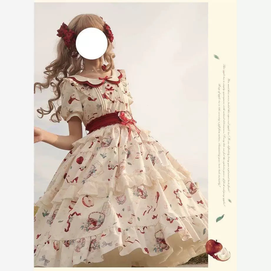 Sweetheart Dream Machine - Apple Tea - Cream Short-Sleeve OP Dress with Apple Motif