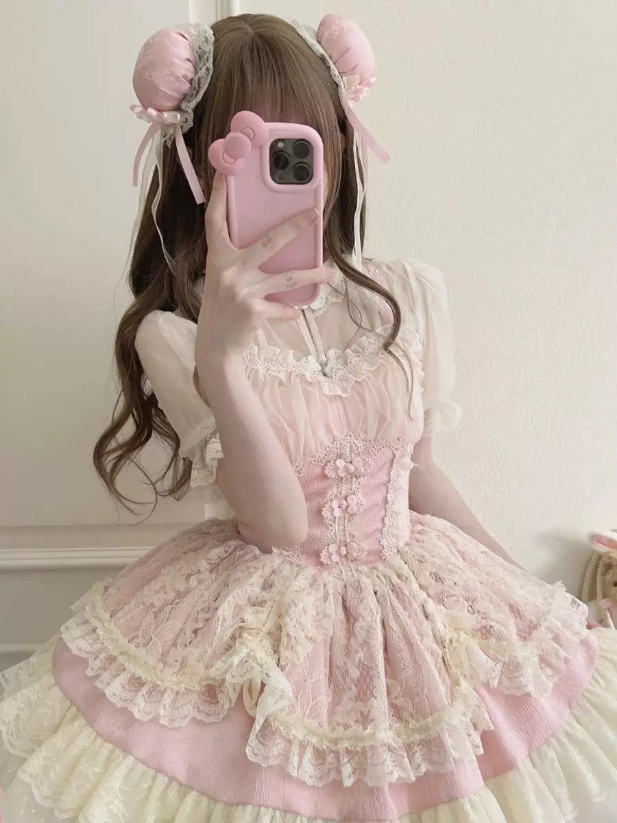 Sweetheart Dream Machine sheer blouse with a lace-trimmed ruffled bib and puff sleeves