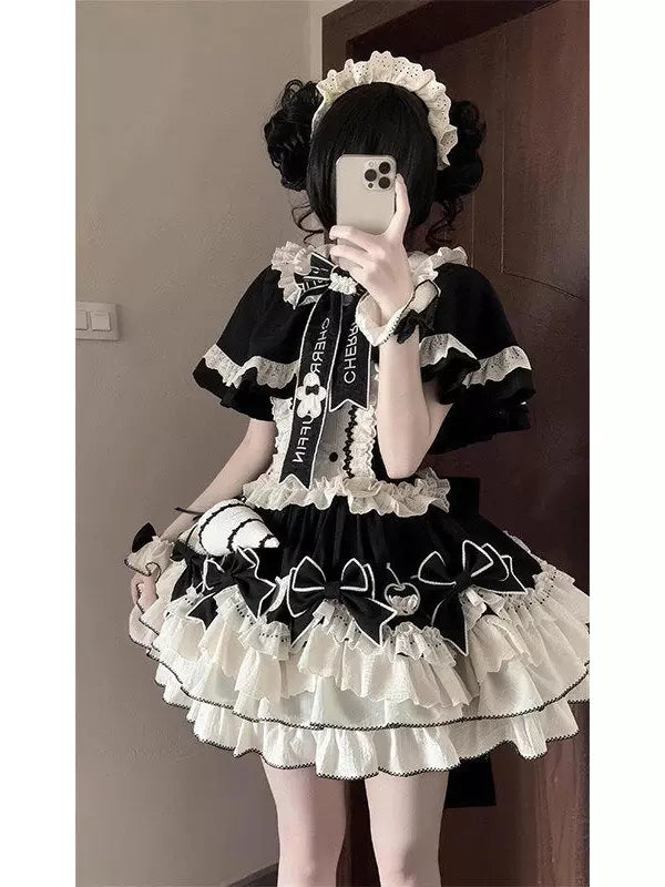 Creamy - Black Bow Cape - Black Lolita Fashion Set with Cape